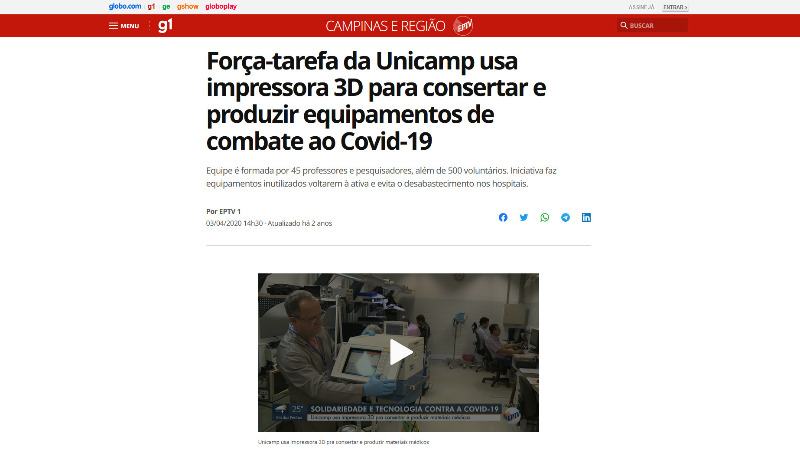 Imagem G1: Força-tarefa da Unicamp usa impressora 3D para consertar e produzir equipamentos de combate ao Covid-19