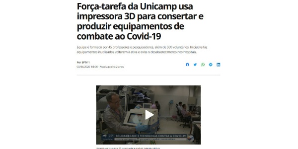 Imagem G1: Força-tarefa da Unicamp usa impressora 3D para consertar e produzir equipamentos de combate ao Covid-19