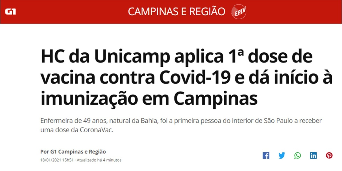 Imagem HC da Unicamp aplica 1ª dose de vacina contra Covid-19 e dá início à imunização em Campinas