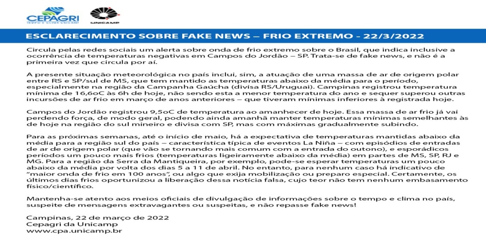 Imagem: Esclarecimento sobre fake news – frio extremo 