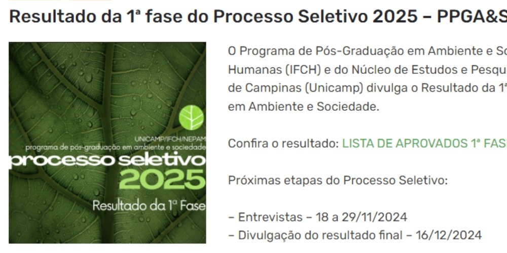 Imagem Resultado da 1ª fase do Processo Seletivo 2025 – PPGA&S
